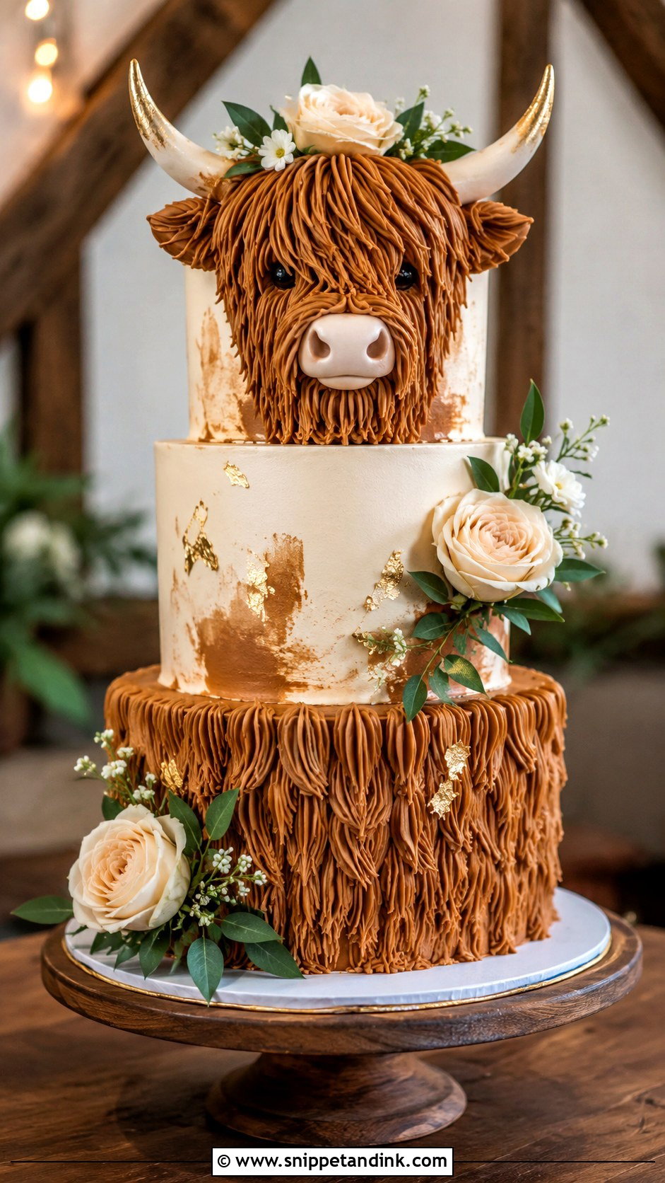 Highland Cow Wedding Cake With Gold Accents - Snippet and Ink - 20 Highland Cow Wedding Cake Ideas