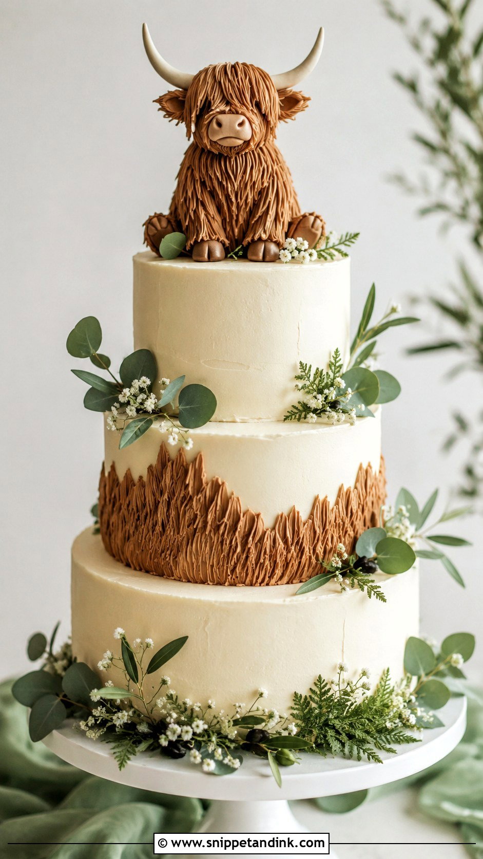 Highland Cow Wedding Cake With Greenery - Snippet and Ink - 20 Highland Cow Wedding Cake Ideas