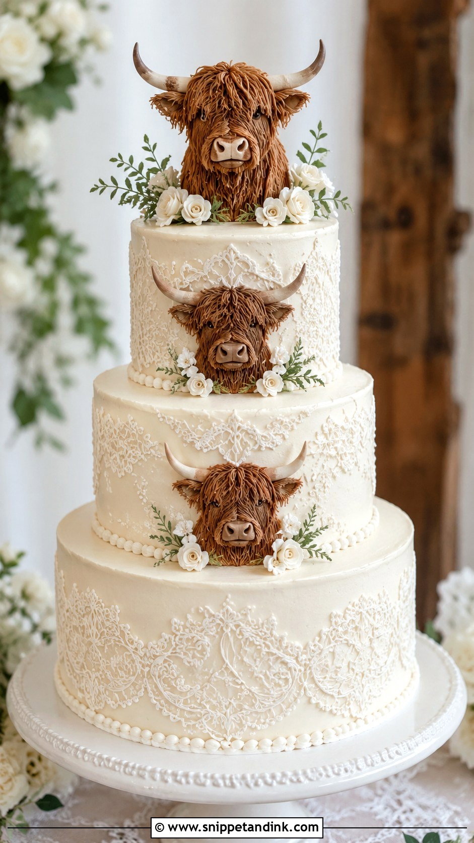 Highland Cow Wedding Cake With Lace Piping - Snippet and Ink - 20 Highland Cow Wedding Cake Ideas