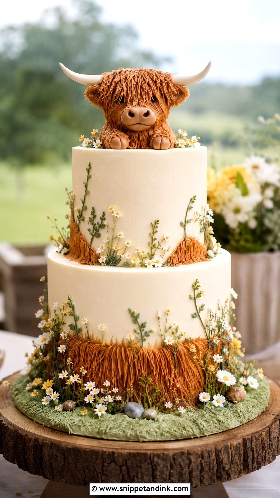 Highland Cow Wedding Cake With Meadow Base - Snippet and Ink - 20 Highland Cow Wedding Cake Ideas