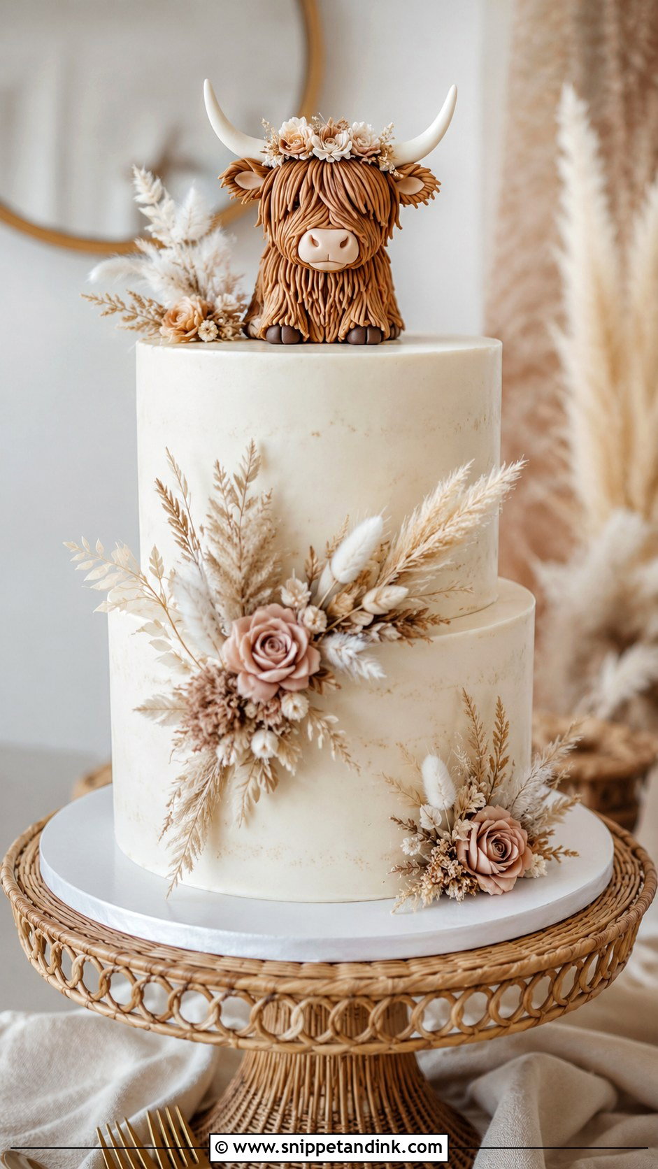 Highland Cow Wedding Cake With Pampas Grass - Snippet and Ink - 20 Highland Cow Wedding Cake Ideas