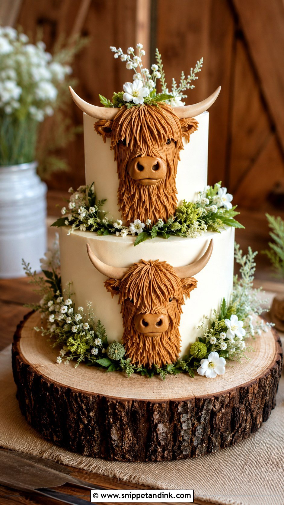 Highland Cow Wedding Cake With Rustic Wood Stand - Snippet and Ink - 20 Highland Cow Wedding Cake Ideas