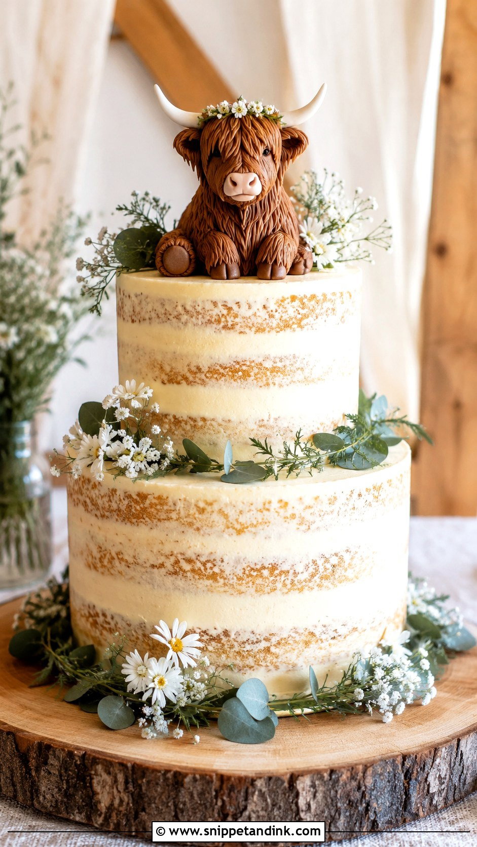 Highland Cow Wedding Cake With Semi Naked Tiers - Snippet and Ink - 20 Highland Cow Wedding Cake Ideas