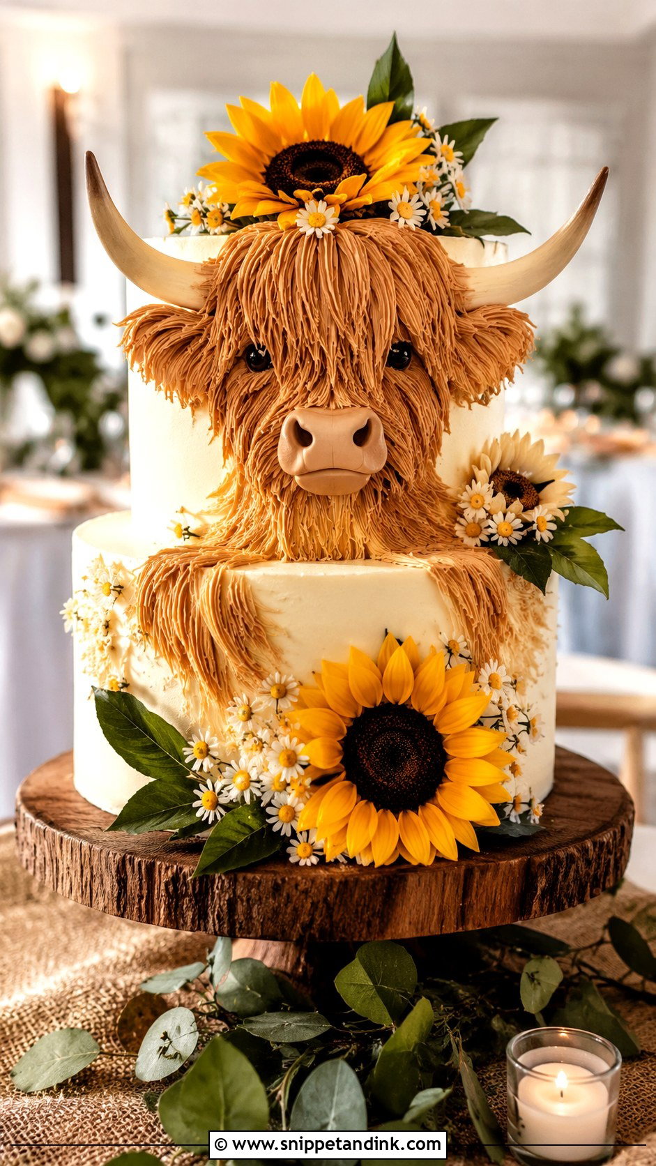 Highland Cow Wedding Cake With Sunflowers - Snippet and Ink - 20 Highland Cow Wedding Cake Ideas