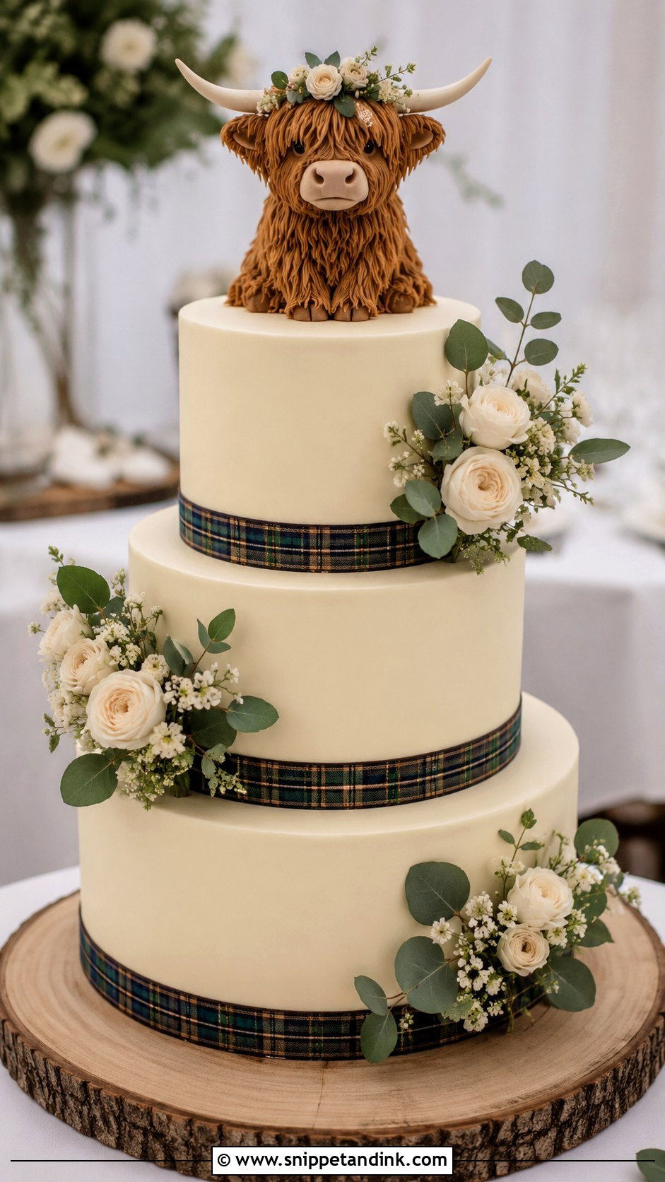 Highland Cow Wedding Cake With Tartan Ribbon - Snippet and Ink - 20 Highland Cow Wedding Cake Ideas