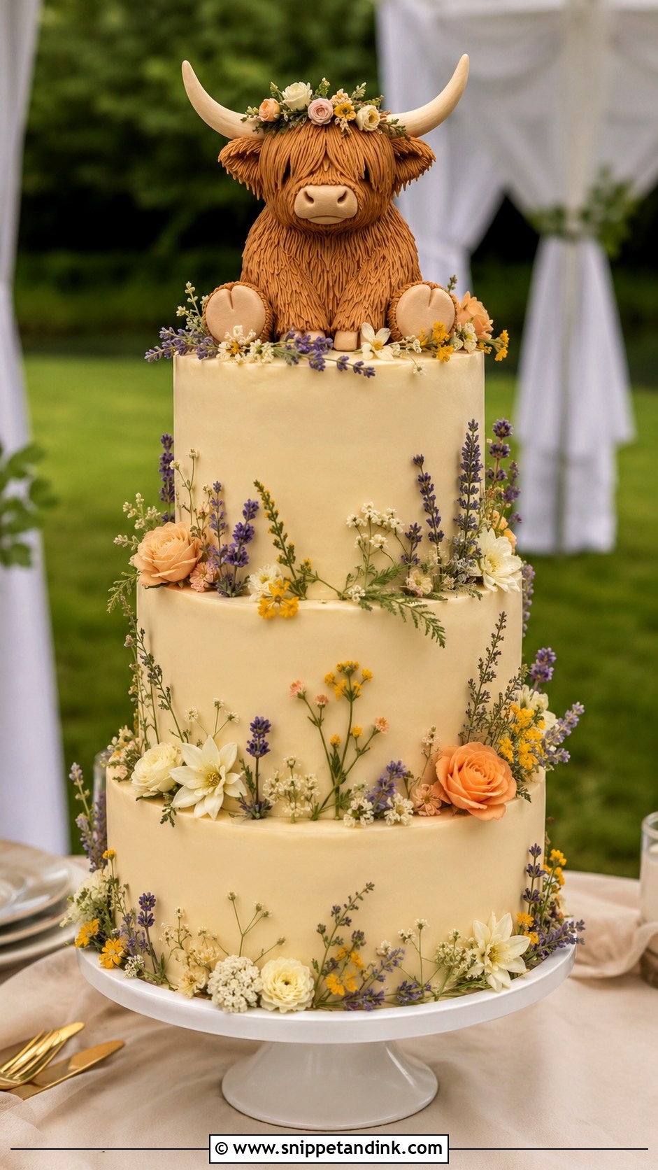 Highland Cow Wedding Cake With Wildflowers - Snippet and Ink - 20 Highland Cow Wedding Cake Ideas