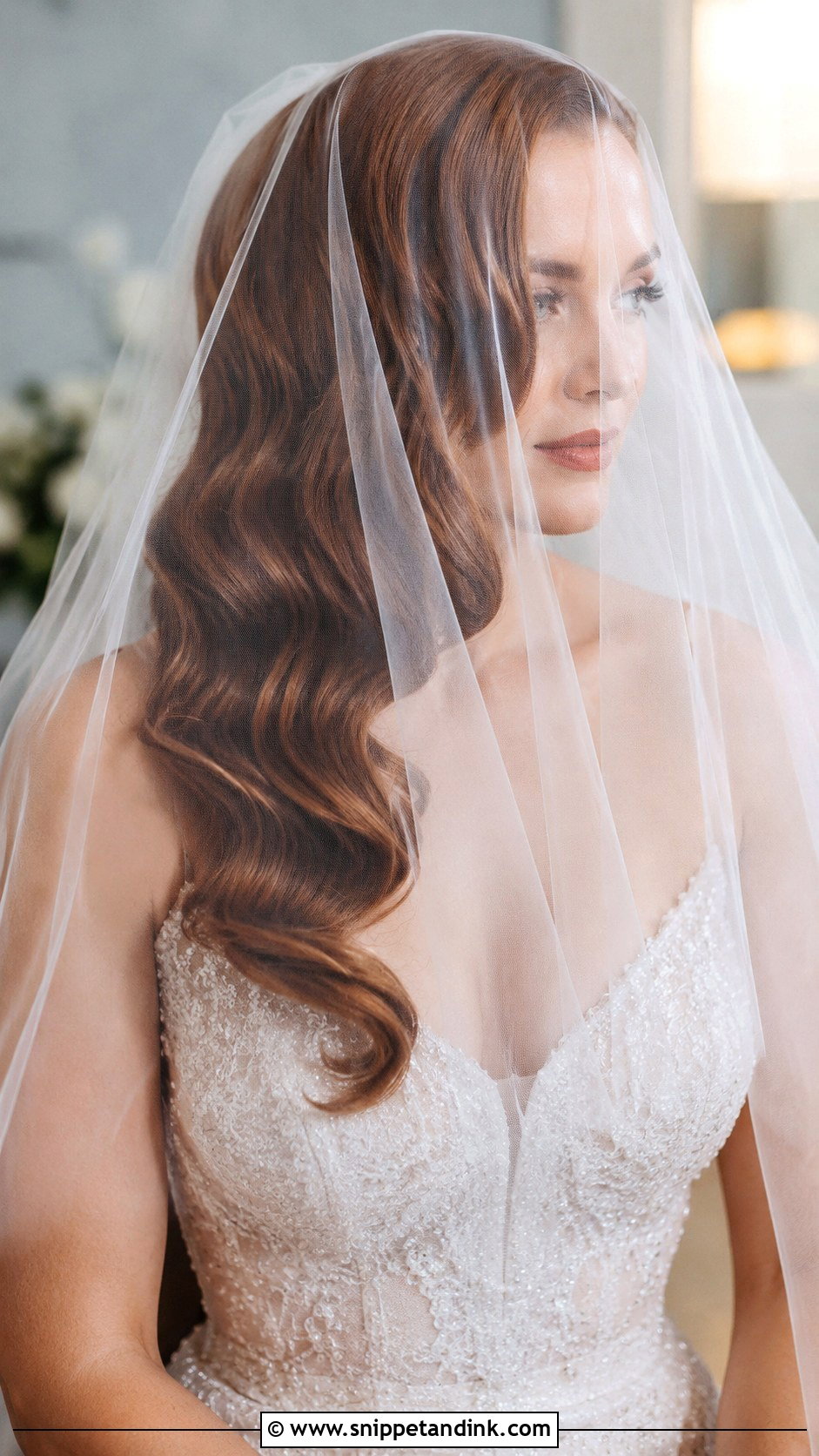 Hollywood Glam Waves With Blusher Veil - Snippet and Ink - 25 Blusher Veil with Hair Down Ideas