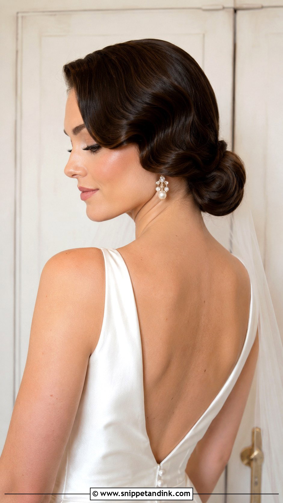 Hollywood Waves Brunette Low Bun Wedding Hair - Snippet and Ink - 15 Low Bun Brunette Wedding Hair Ideas