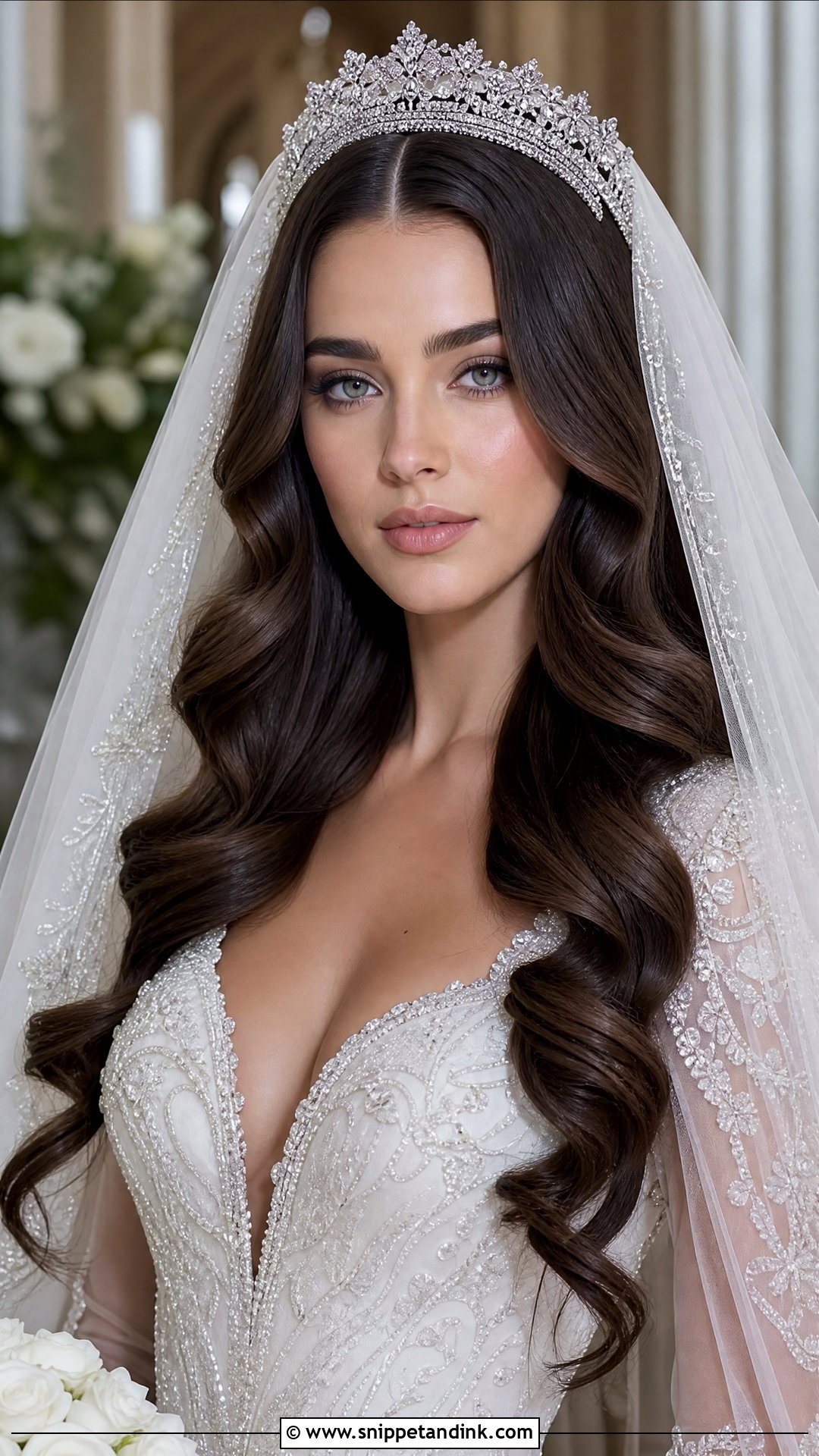 Hollywood Waves Middle Part With Long Veil and Tiara - Snippet and Ink - 20 Hollywood Waves Wedding Middle Part