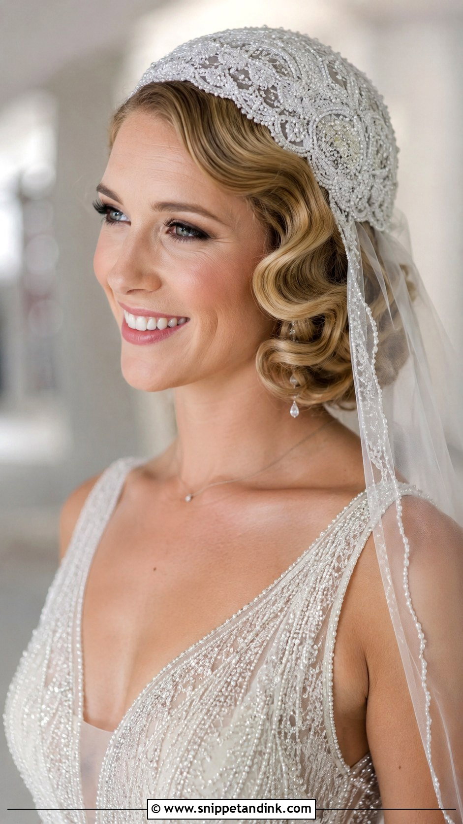 Hollywood Waves With Cap Veil And Side Curls - Snippet and Ink - 30 Hollywood Waves with Veil