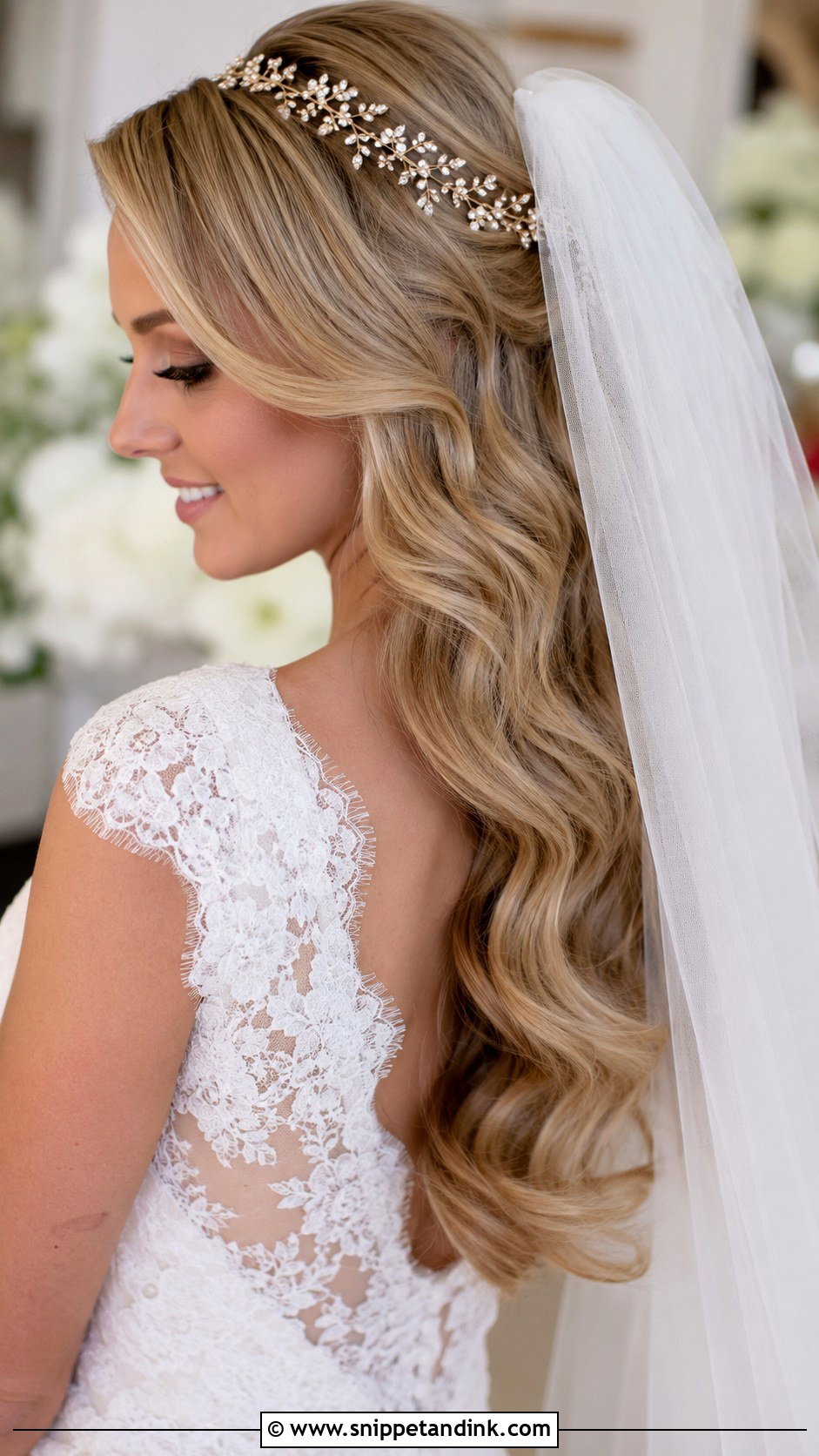 Hollywood Waves With Cathedral Veil And Hair Vine - Snippet and Ink - 30 Hollywood Waves with Veil