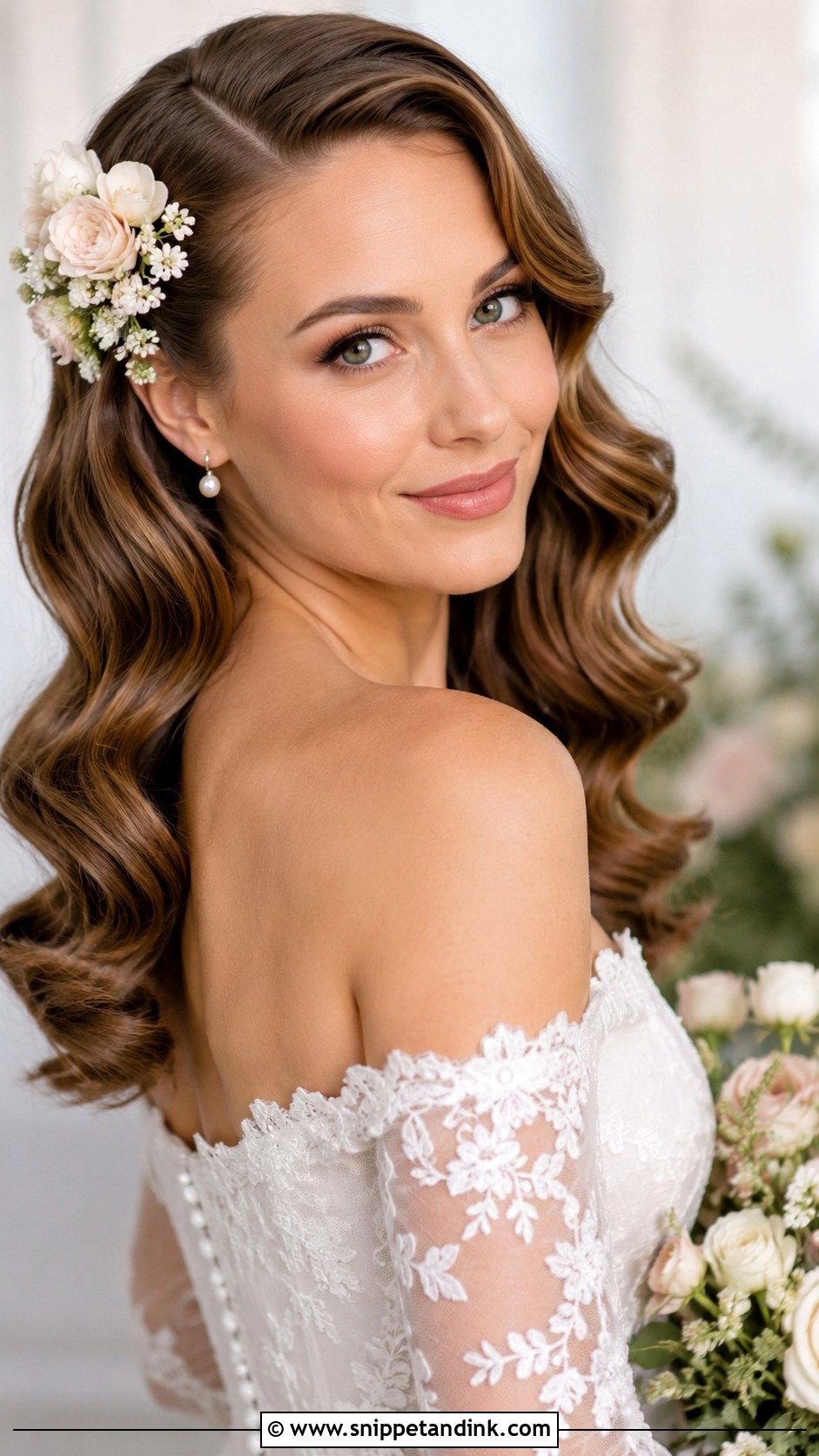 Hollywood Waves With Floral Accent - Snippet and Ink - 20 Hollywood Glam Bridal Hair Ideas