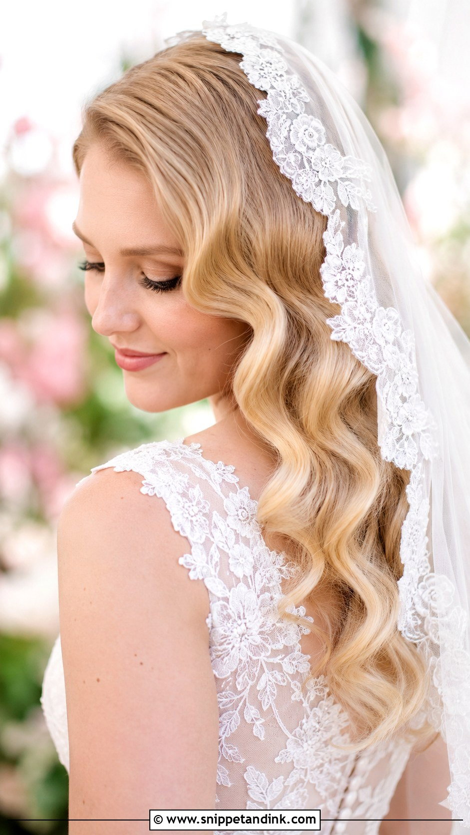 Hollywood Waves With Floral Lace Veil - Snippet and Ink - 30 Hollywood Waves with Veil