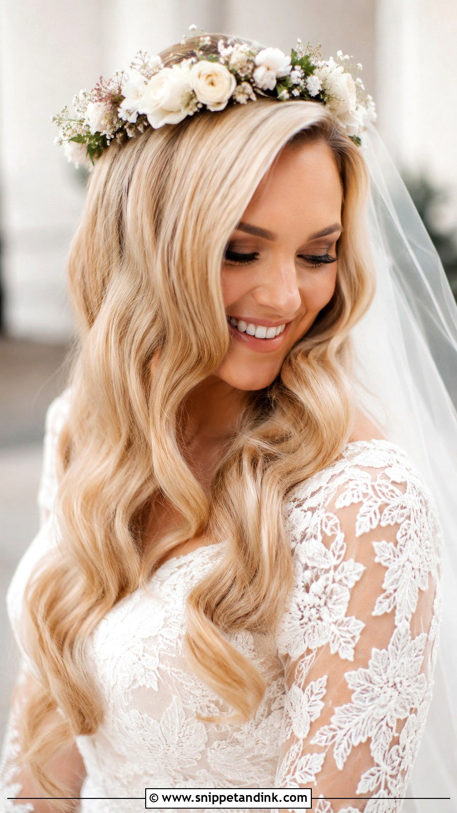 Hollywood Waves With Flower Crown And Veil - Snippet and Ink - 30 Hollywood Waves with Veil