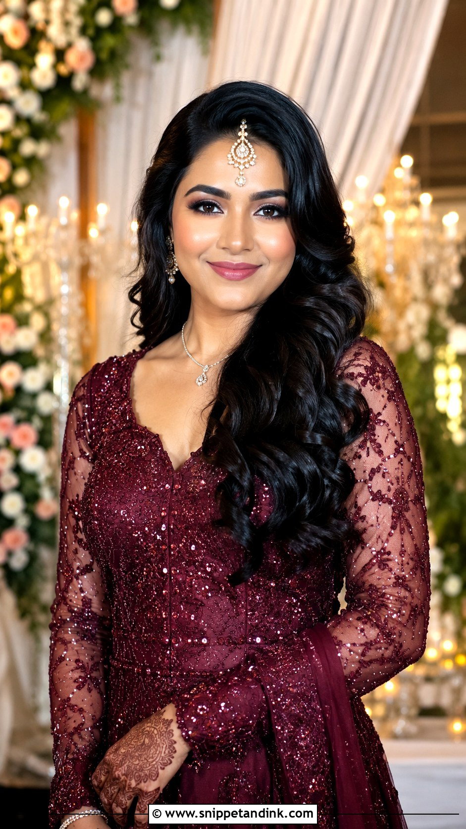 Hollywood Waves With Maang Tikka - Snippet and Ink - 35 Indian Wedding Bridal Hairstyle Ideas