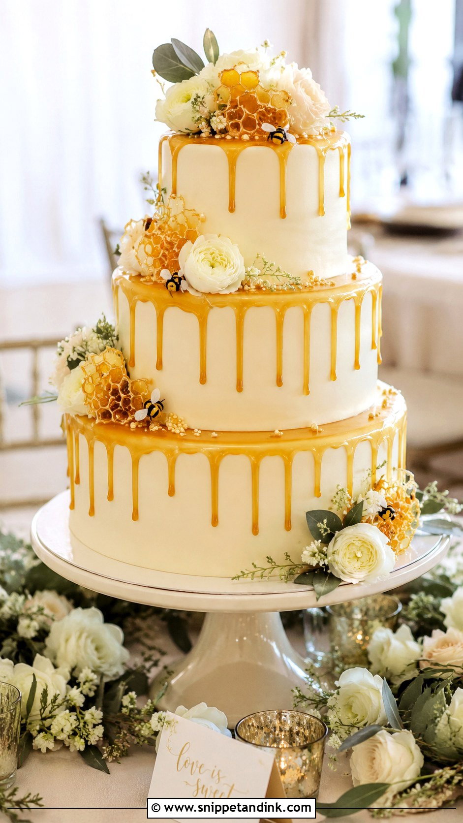 Honey Drip Wedding Cake - Snippet and Ink - 20 Honey Bee Cake Design Ideas for Wedding