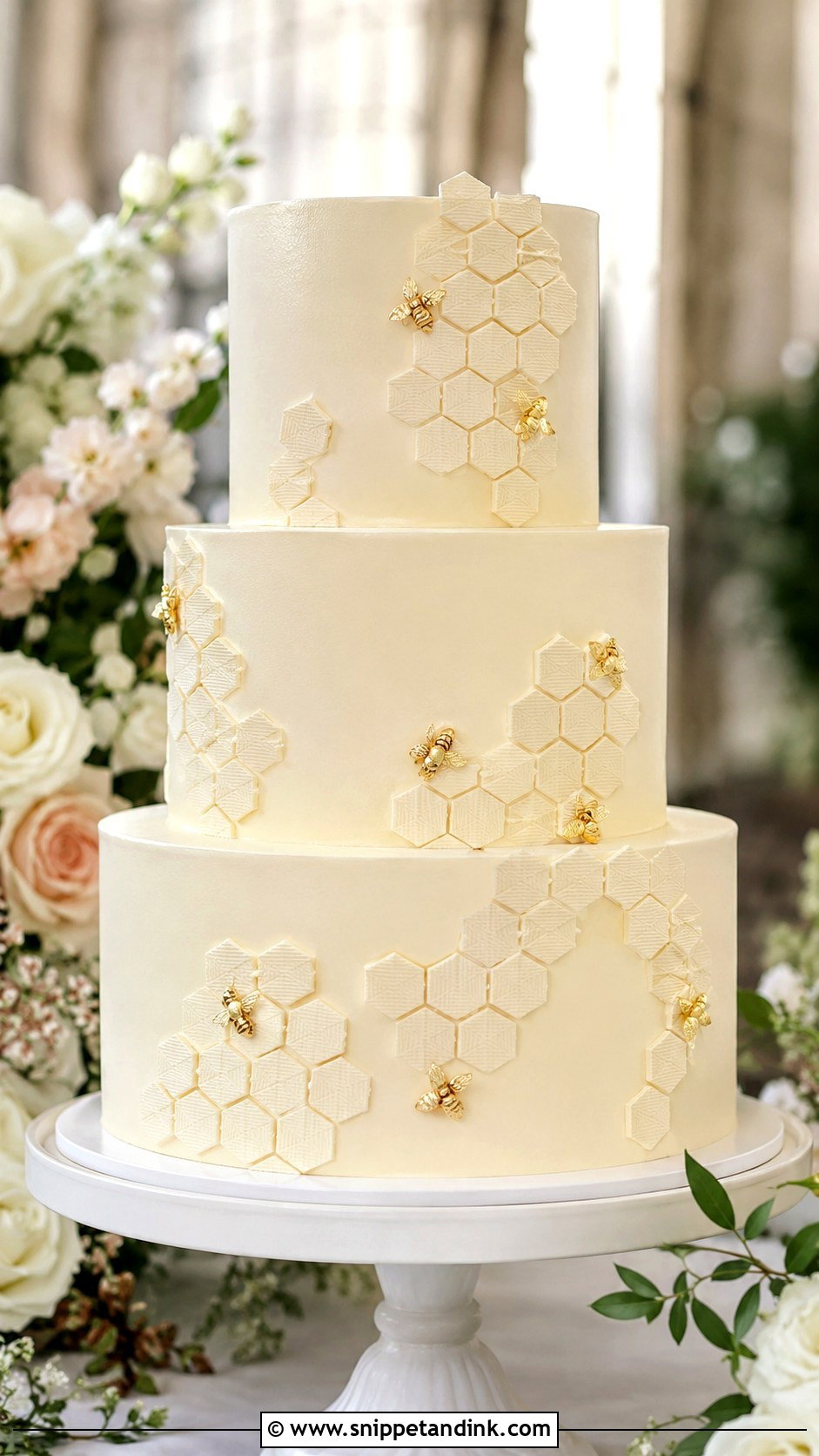 Honeycomb Wedding Cake With Gold Bees - Snippet and Ink - 20 Honeycomb Wedding Cake Ideas