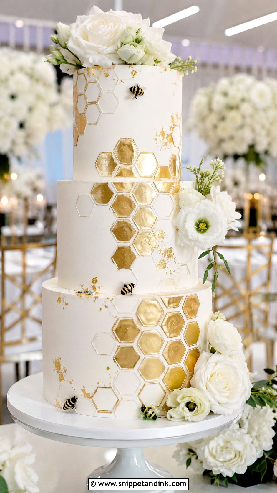 Honeycomb Wedding Cake With Metallic Gold - Snippet and Ink - 20 Honeycomb Wedding Cake Ideas