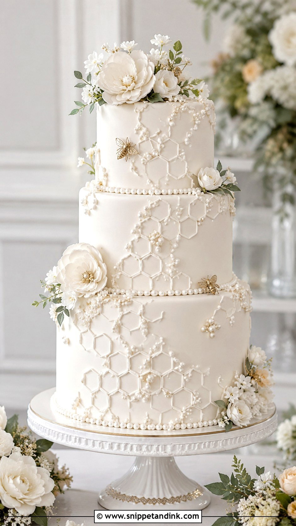 Honeycomb Wedding Cake With Pearl Details - Snippet and Ink - 20 Honeycomb Wedding Cake Ideas