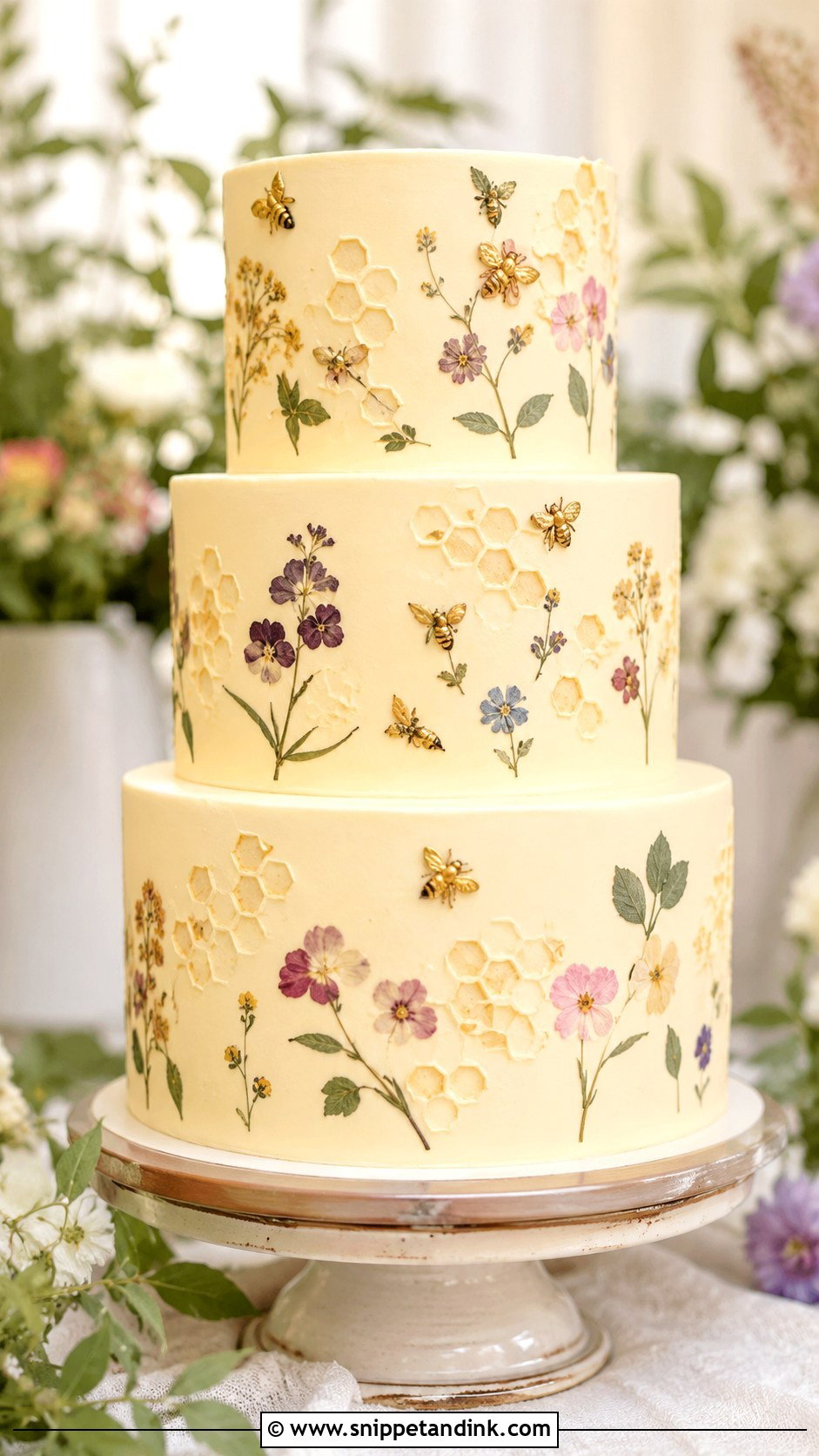 Honeycomb Wedding Cake With Pressed Flowers - Snippet and Ink - 20 Honeycomb Wedding Cake Ideas