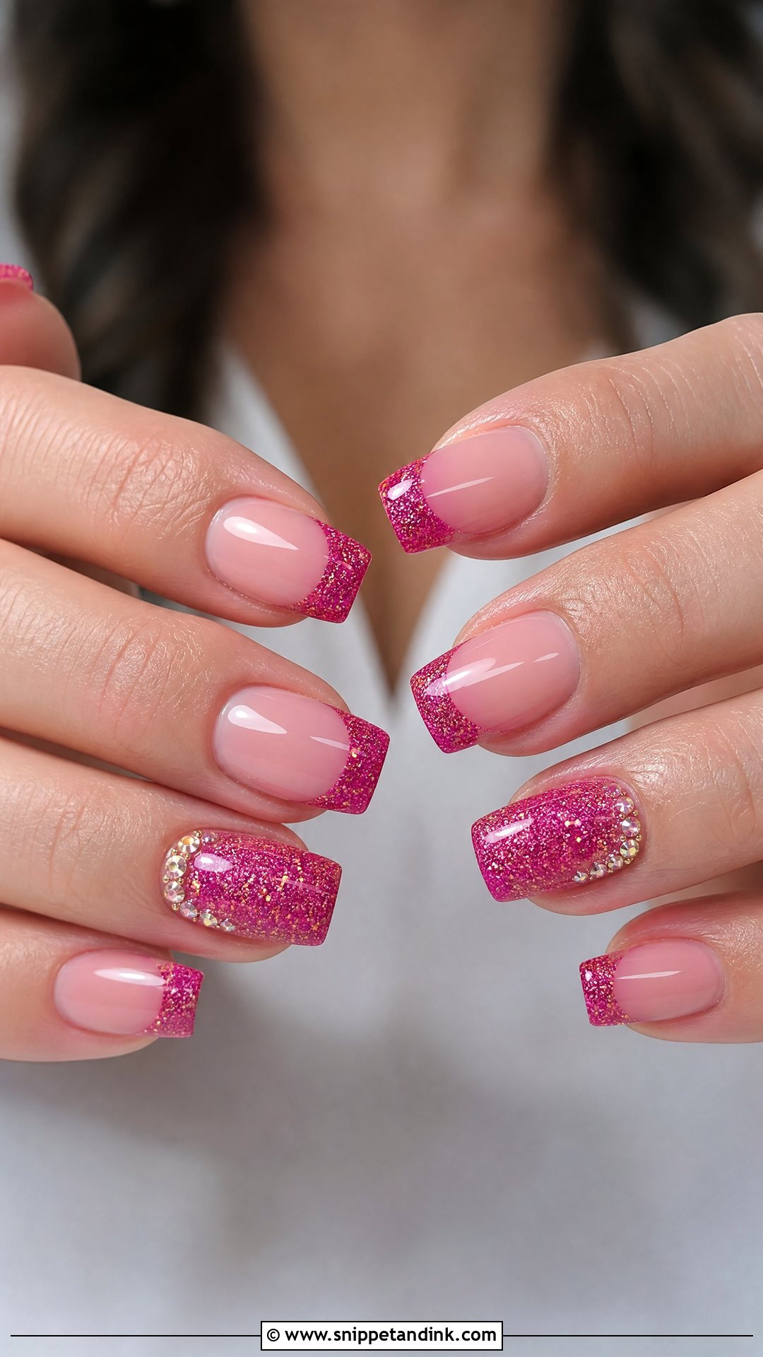 Hot Pink Bridal Nails With Glitter Tips - Snippet and Ink - 25 Indian Pink Bridal Nail Art Ideas