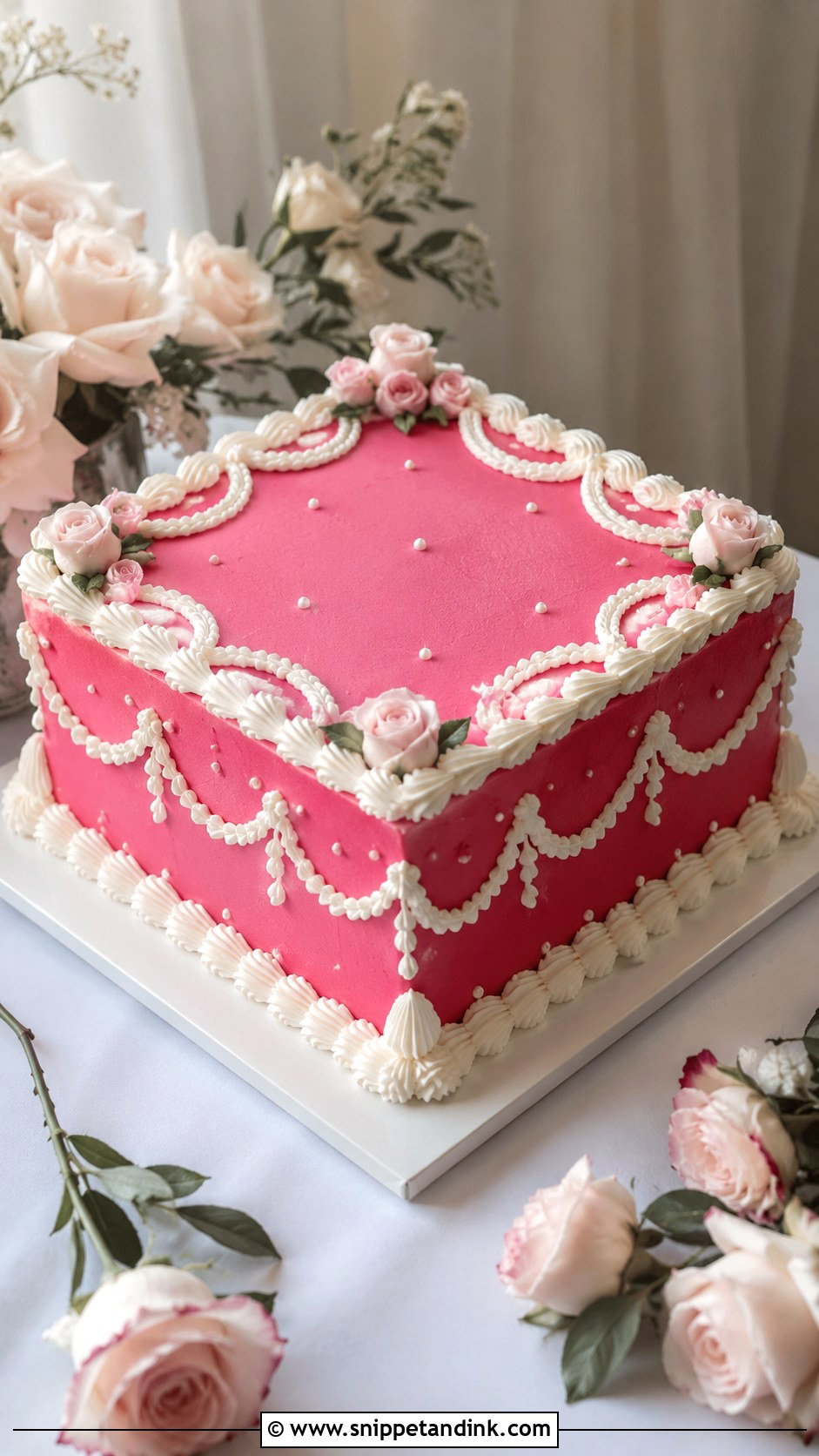 Hot Pink Vintage Square Wedding Cake - Snippet and Ink - 20 Hot Pink Vintage Cake Ideas for Wedding