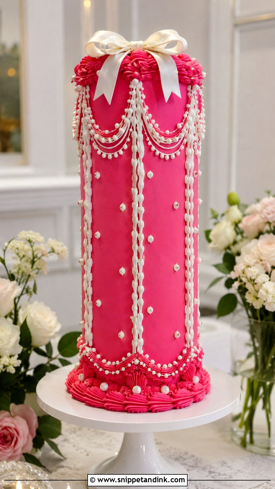 Hot Pink Vintage Tall Wedding Cake - Snippet and Ink - 20 Hot Pink Vintage Cake Ideas for Wedding