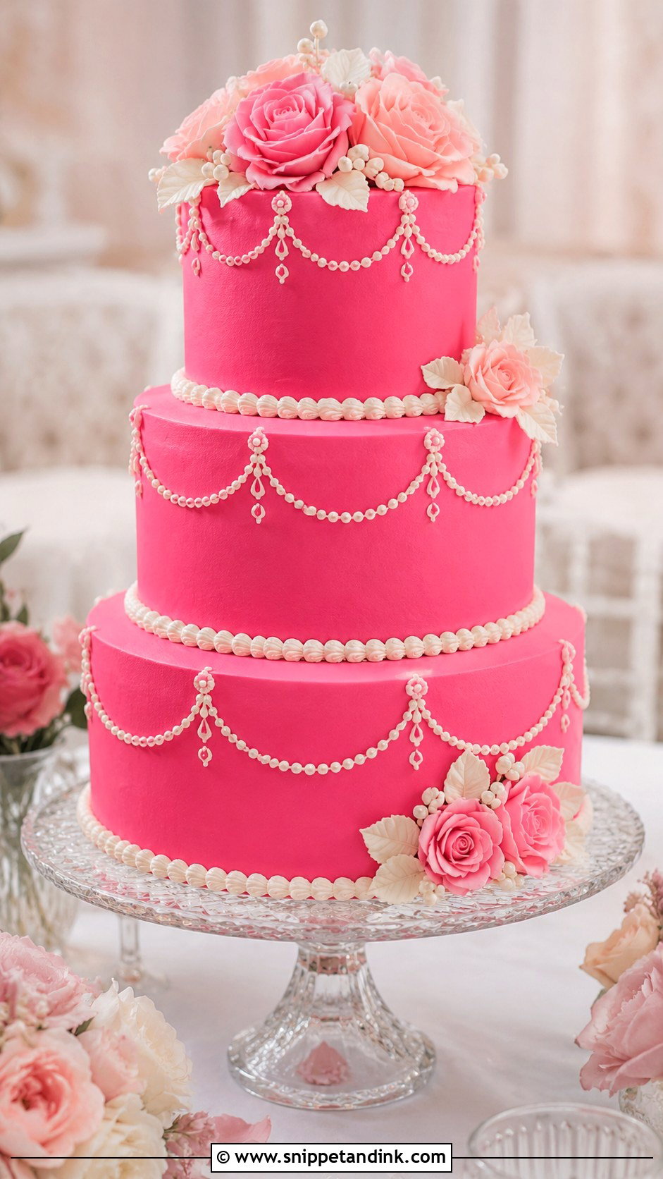 Hot Pink Vintage Tiered Wedding Cake - Snippet and Ink - 20 Hot Pink Vintage Cake Ideas for Wedding