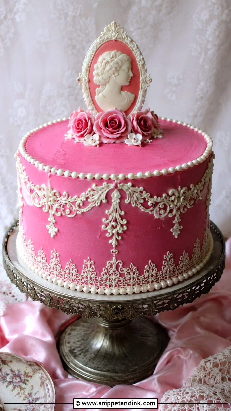 Hot Pink Vintage Wedding Cake With Cameo Topper - Snippet and Ink - 20 Hot Pink Vintage Cake Ideas for Wedding