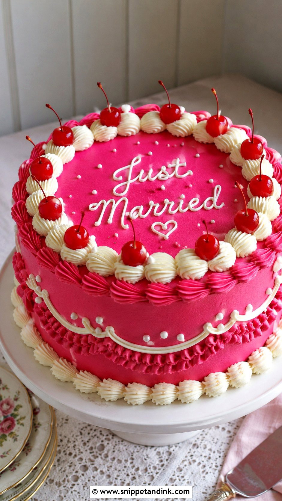 Hot Pink Vintage Wedding Cake With Cherries - Snippet and Ink - 20 Hot Pink Vintage Cake Ideas for Wedding