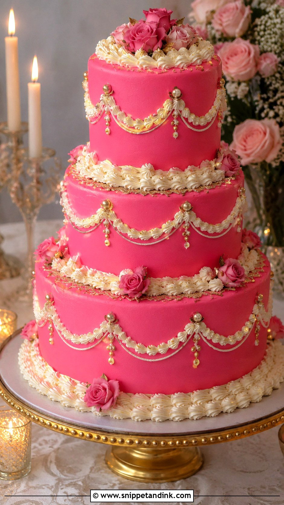 Hot Pink Vintage Wedding Cake With Gold Accents - Snippet and Ink - 20 Hot Pink Vintage Cake Ideas for Wedding