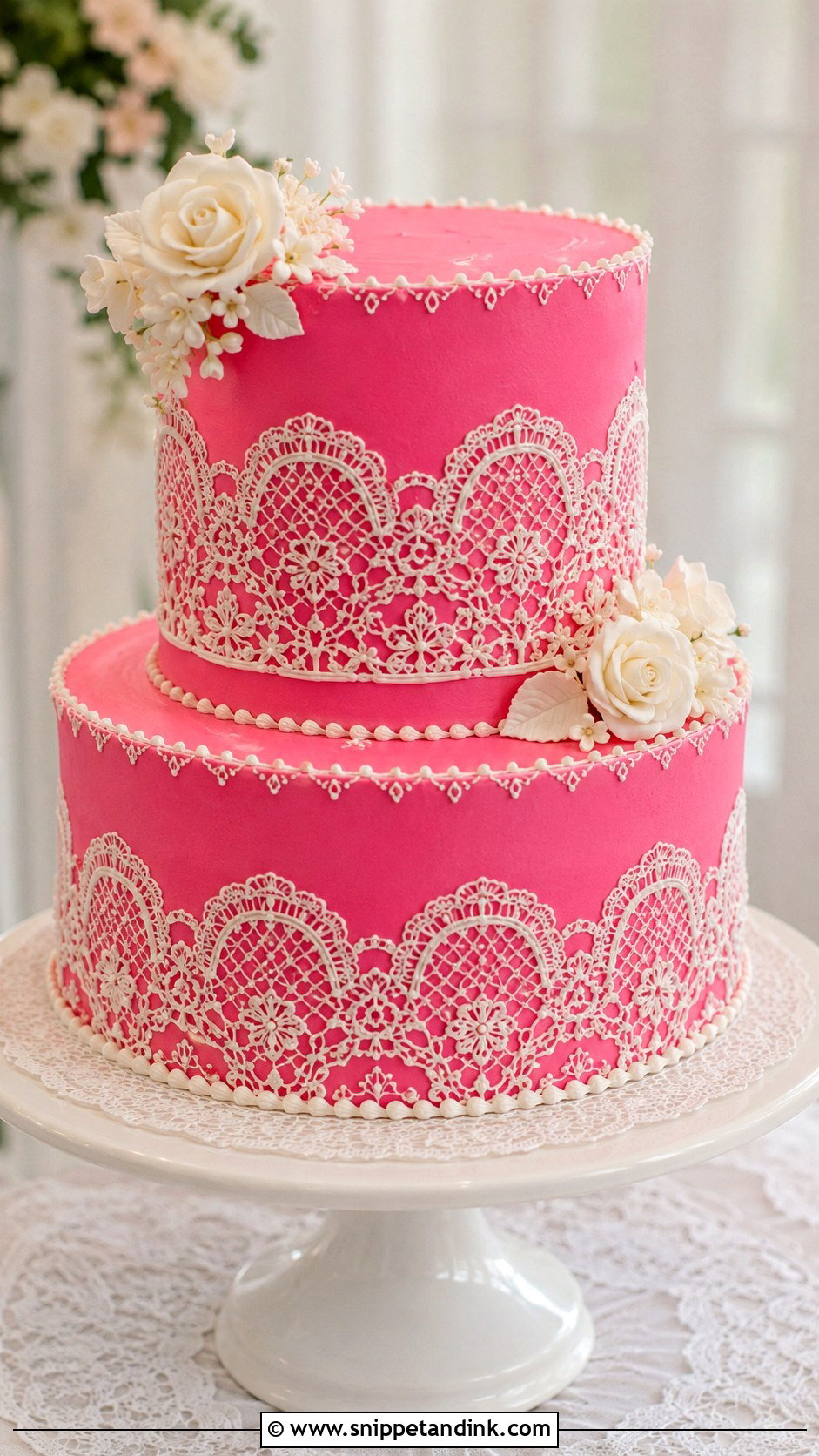 Hot Pink Vintage Wedding Cake With Lace Piping - Snippet and Ink - 20 Hot Pink Vintage Cake Ideas for Wedding