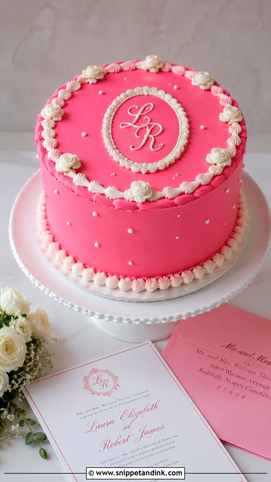 Hot Pink Vintage Wedding Cake With Monogram - Snippet and Ink - 20 Hot Pink Vintage Cake Ideas for Wedding