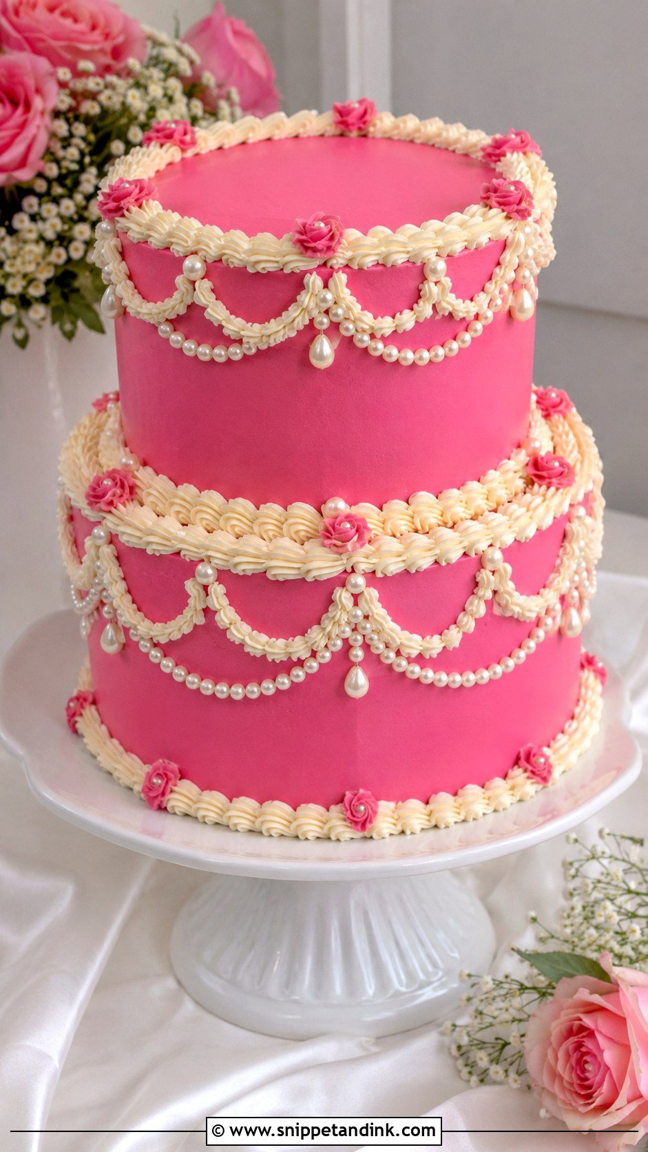 Hot Pink Vintage Wedding Cake With Pearls - Snippet and Ink - 20 Hot Pink Vintage Cake Ideas for Wedding