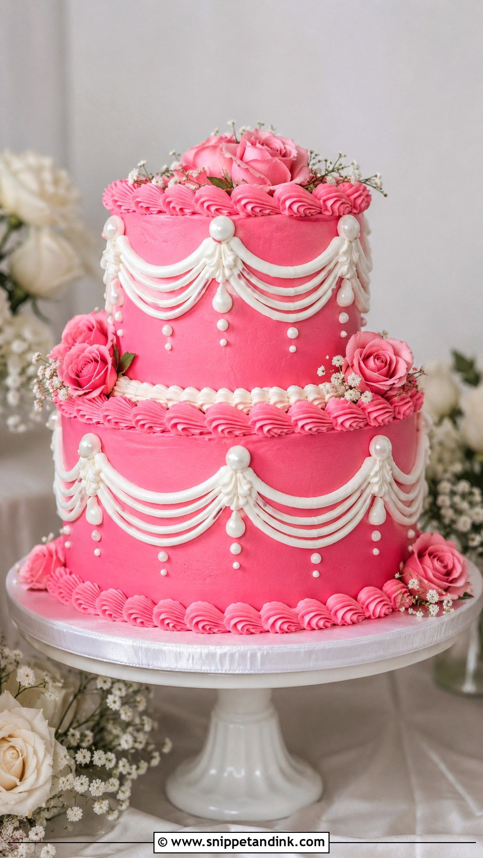 Hot Pink Vintage Wedding Cake With Piped Swags - Snippet and Ink - 20 Hot Pink Vintage Cake Ideas for Wedding