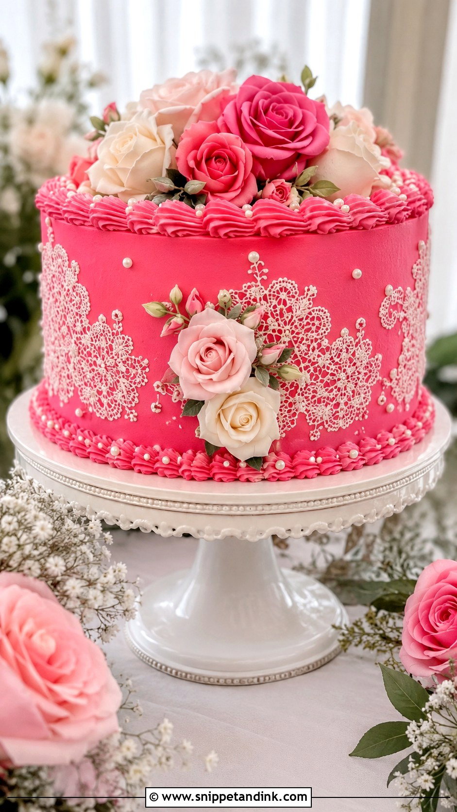 Hot Pink Vintage Wedding Cake With Roses - Snippet and Ink - 20 Hot Pink Vintage Cake Ideas for Wedding