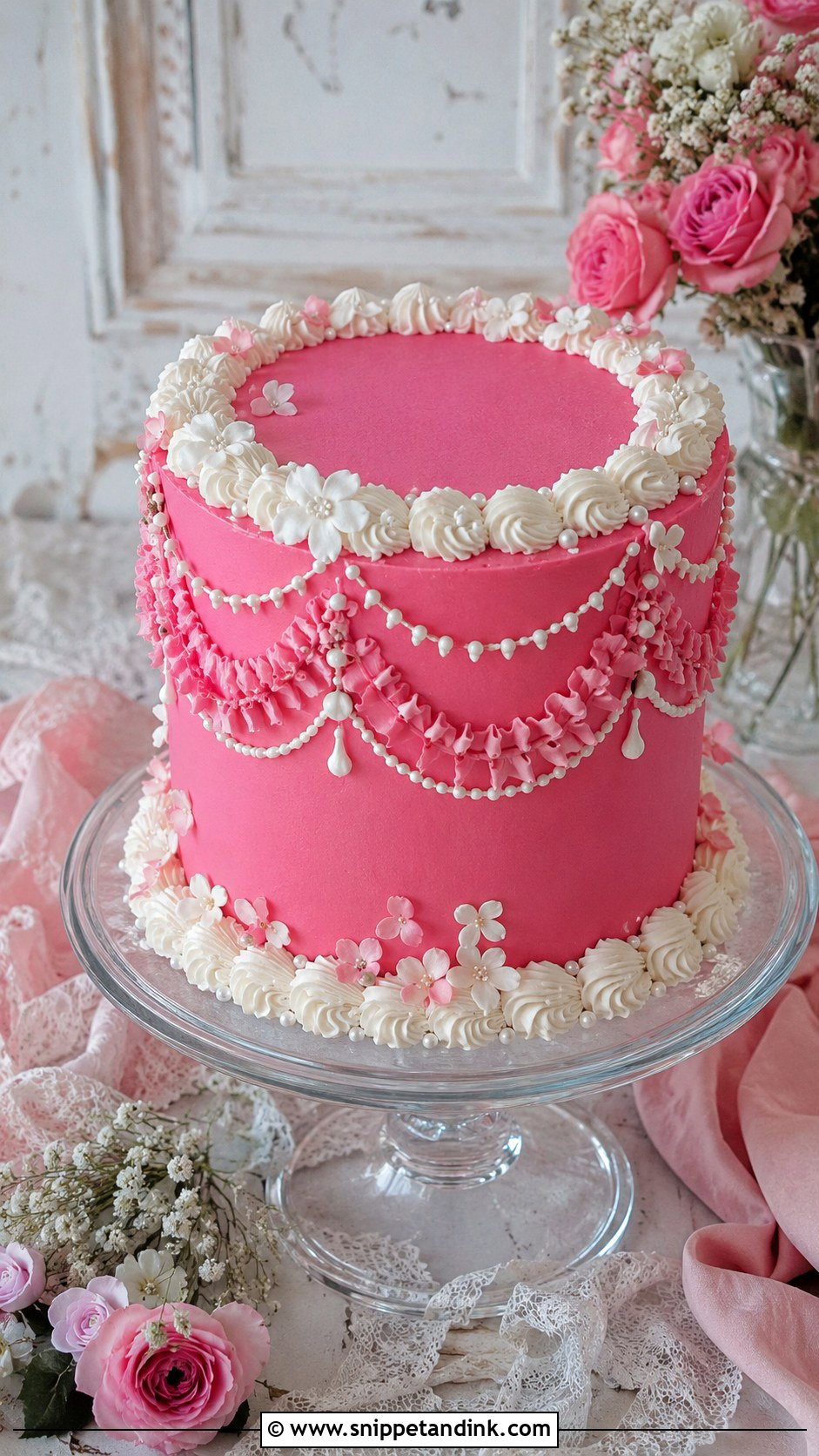 Hot Pink Vintage Wedding Cake With Ruffles - Snippet and Ink - 20 Hot Pink Vintage Cake Ideas for Wedding