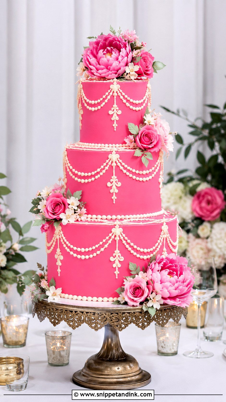 Hot Pink Vintage Wedding Cake With Sugar Flowers - Snippet and Ink - 20 Hot Pink Vintage Cake Ideas for Wedding