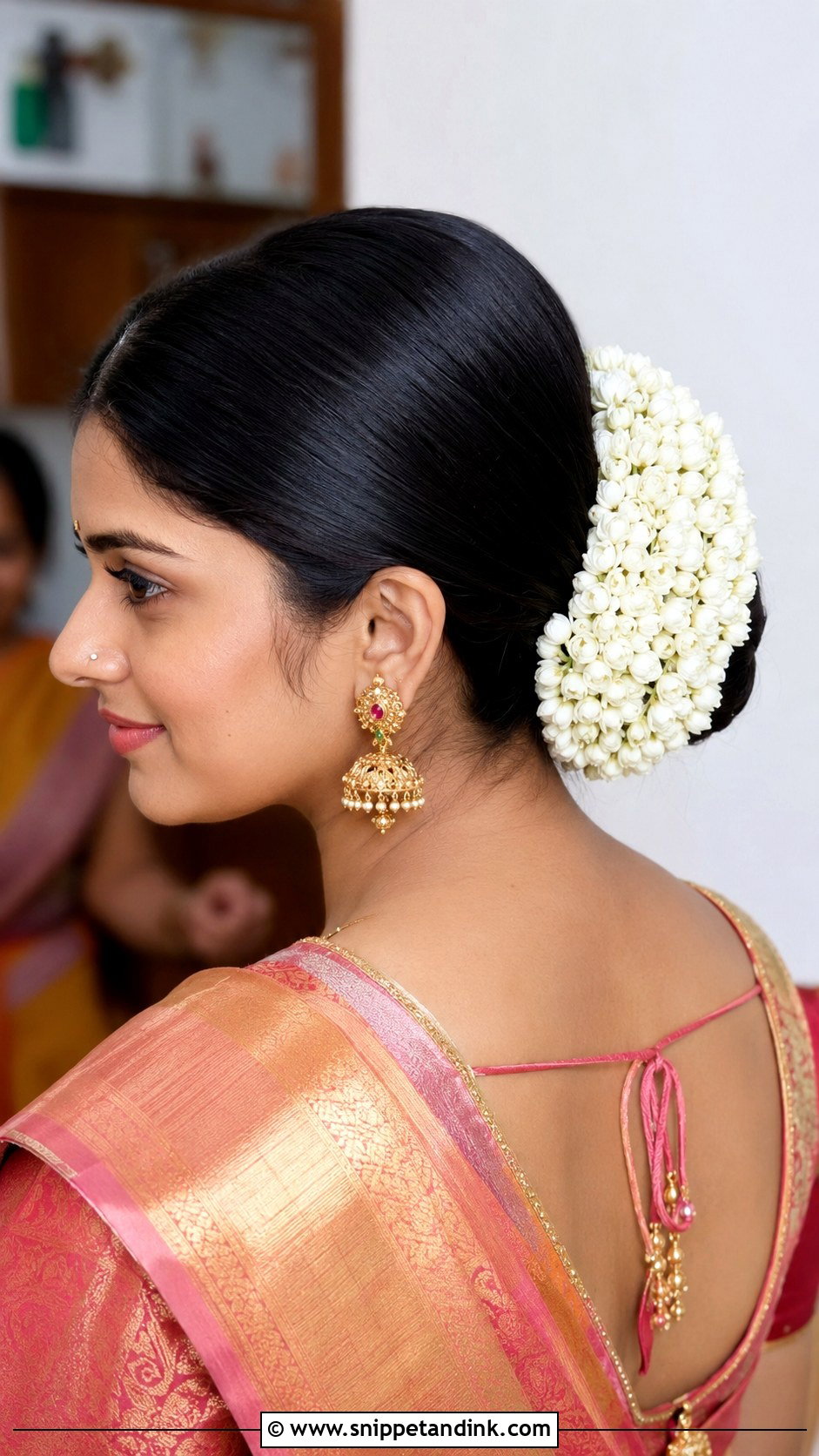 House Warming Ceremony Low Bun With Gajra - Snippet and Ink - 15 Hairstyle for House Warming Ceremony Ideas