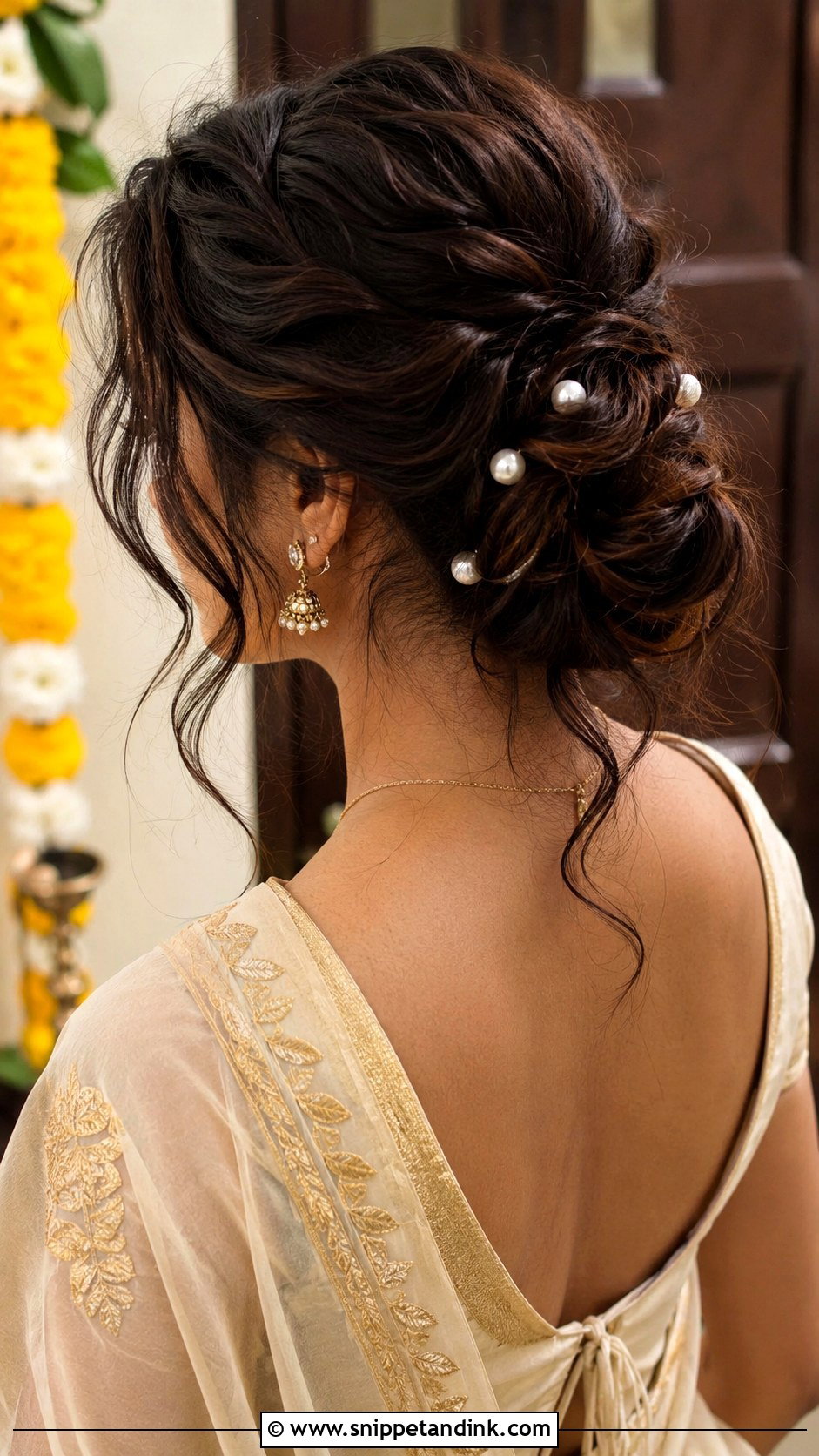 House Warming Ceremony Messy Bun With Saree - Snippet and Ink - 15 Hairstyle for House Warming Ceremony Ideas