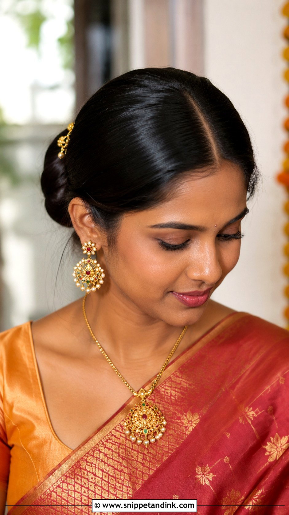 House Warming Ceremony Sleek Middle Part Bun - Snippet and Ink - 15 Hairstyle for House Warming Ceremony Ideas