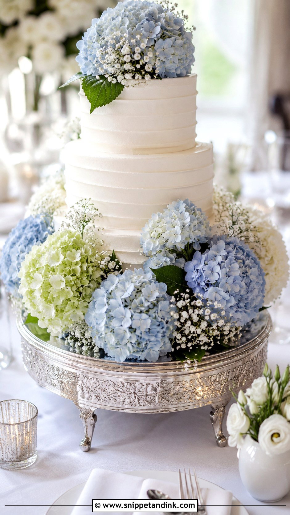 Hydrangea Wedding Cake - Snippet and Ink - 20 Flowers Around Cake Ideas for Wedding