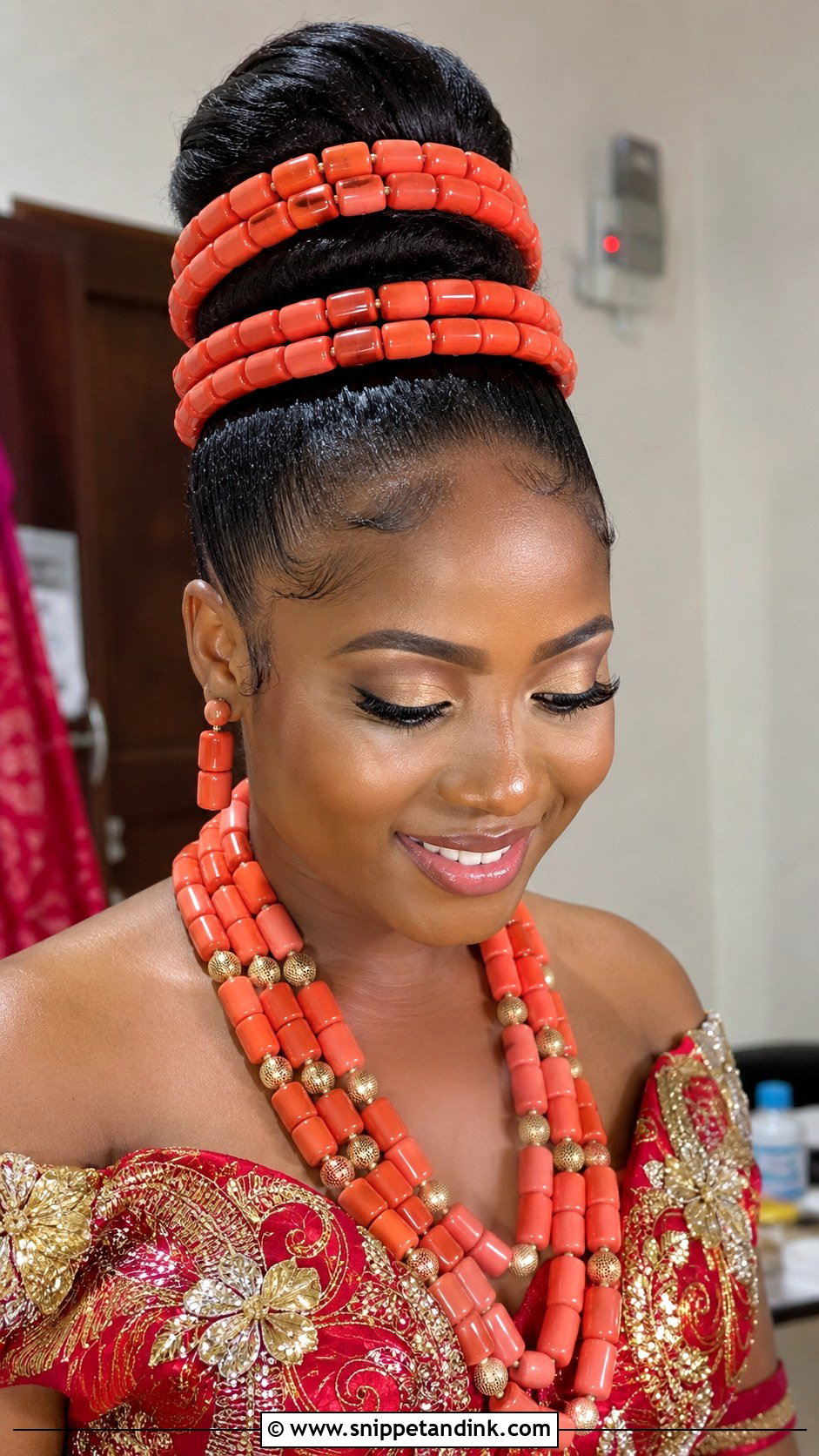 Igbo Bridal High Bun With Coral Beads - Snippet and Ink - 15 Igbo Bridal Hairstyles