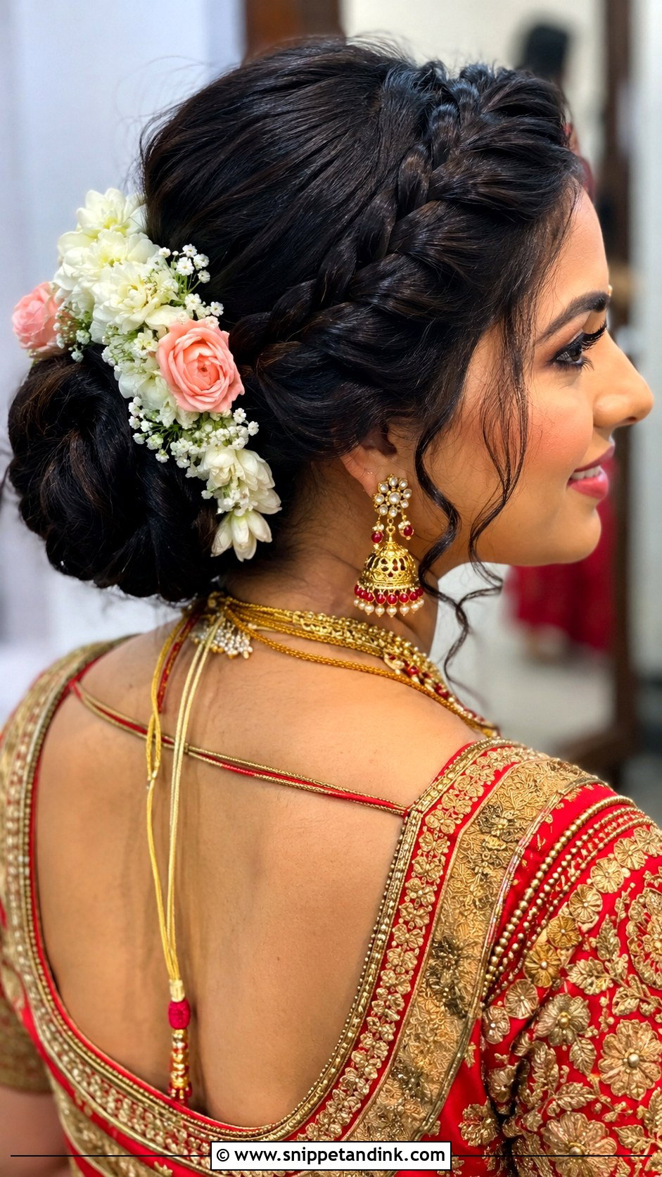Indian Bridal Bun With Braided Crown And Flowers - Snippet and Ink - 15 Indian Bridal Bun with Flowers Ideas
