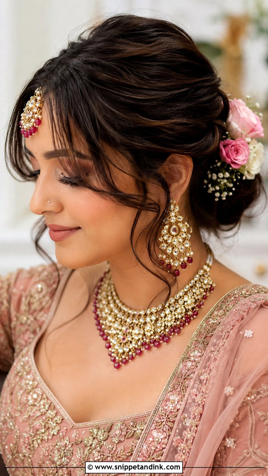 Indian Bridal Bun With Curtain Bangs - Snippet and Ink - 15 Indian Bridal Hairstyle for Big Forehead Ideas