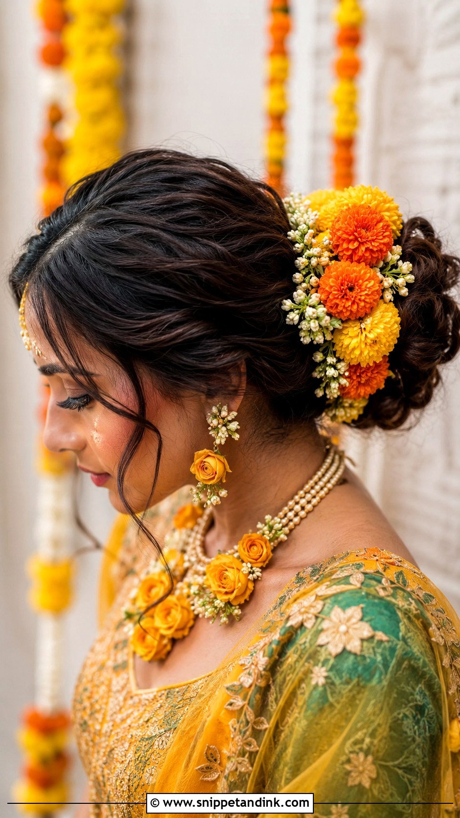 Indian Bridal Bun With Marigold Flowers - Snippet and Ink - 15 Indian Bridal Hair Buns with Flowers