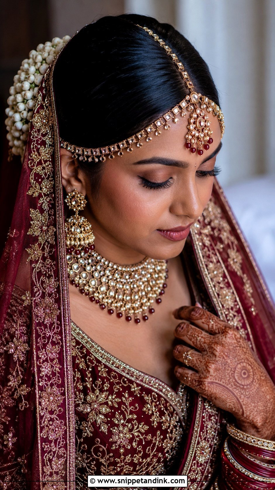 Indian Bridal Bun With Matha Patti - Snippet and Ink - 15 Indian Wedding Bride Hairstyle Ideas