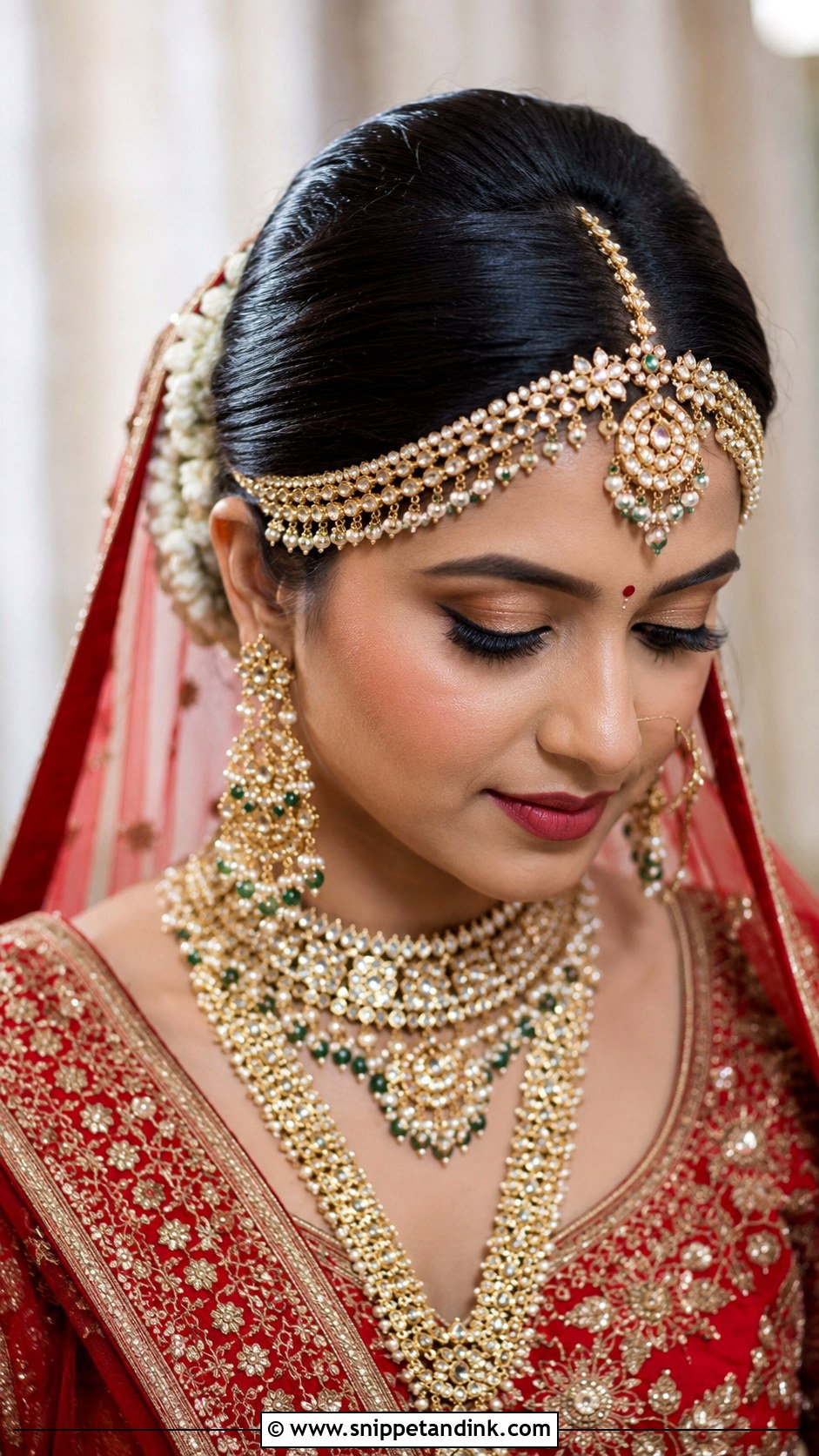 Indian Bridal Bun With Matha Patti - Snippet and Ink - 15 Indian Bridal Hairstyle for Big Forehead Ideas