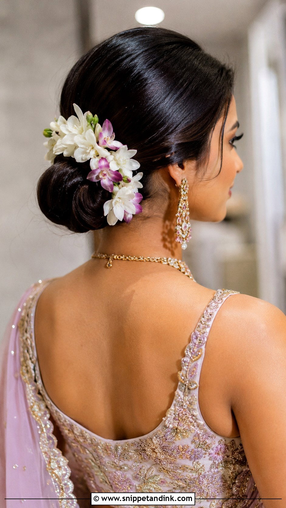 Indian Bridal Bun With Orchid Flowers - Snippet and Ink - 15 Indian Bridal Bun with Flowers Ideas