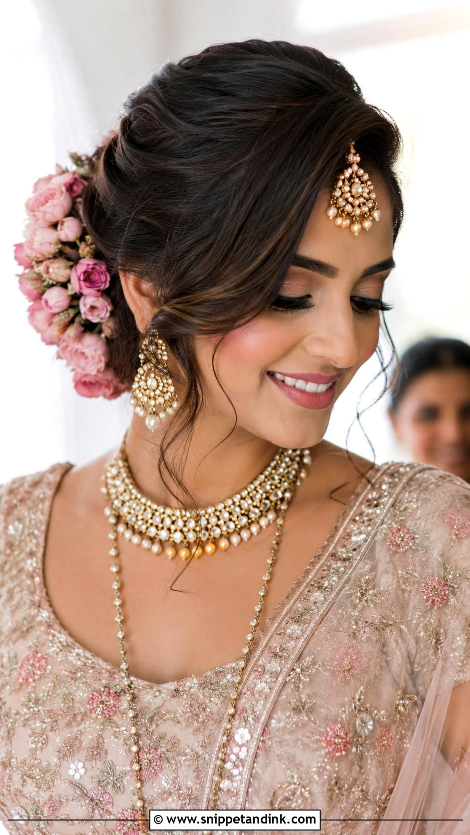 Indian Bridal Bun With Side Swept Front - Snippet and Ink - 15 Indian Bridal Hairstyle for Big Forehead Ideas